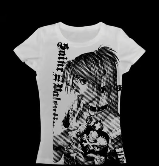 Y2K Anime Streetwear Crop Tee – Vintage 90s Text Print, Aesthetic Harajuku Women’s Casual Top – Perfect for Emo & Retro Fashion Fans