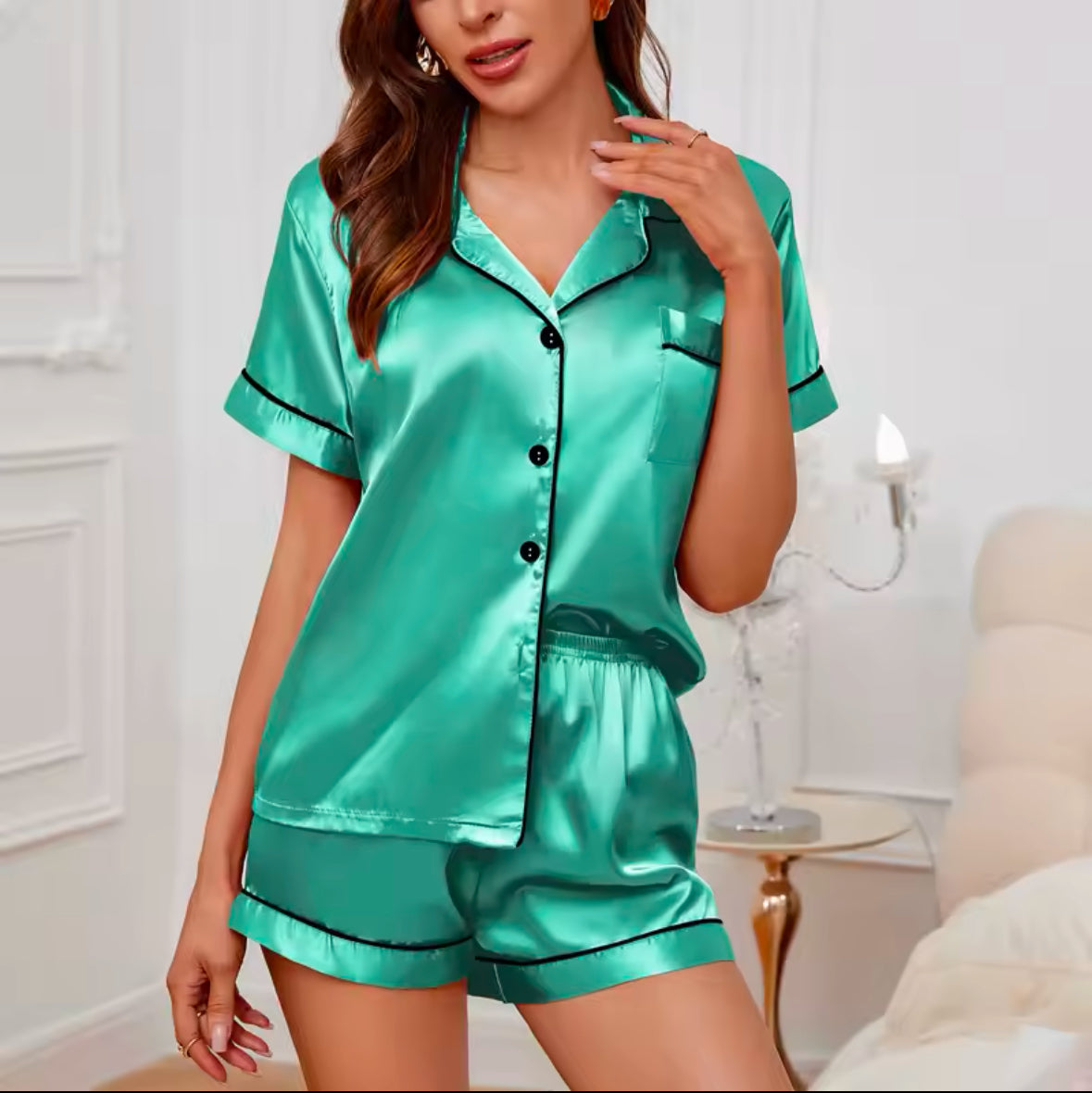 Luxury Satin Women’s Pajama Set – Short Sleeve Turn-down Collar Button Top & Shorts Sleepwear for Ultimate Summer Comfort - UltraChic