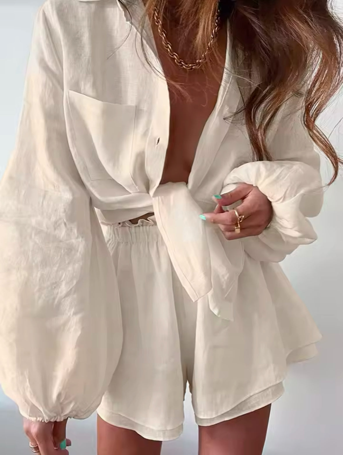 2025 Bohemian Spring Summer Set for Women – White Loose Fit Blouse & Shorts 2-Piece Outfit for Casual and Beach Style