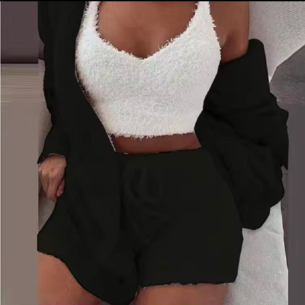 Fluffy 3-Piece Pajama Set for Women – Casual Sleepwear, Tank Top, Shorts, and Cozy Hoodie for Winter, Plus Size Leisure Homsuit