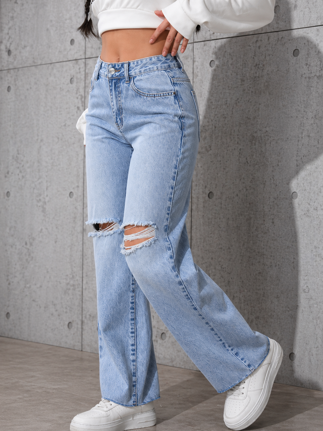 Distressed Straight Leg Jeans High Waist Relaxed Fit Effortless Street Style All Season Women
