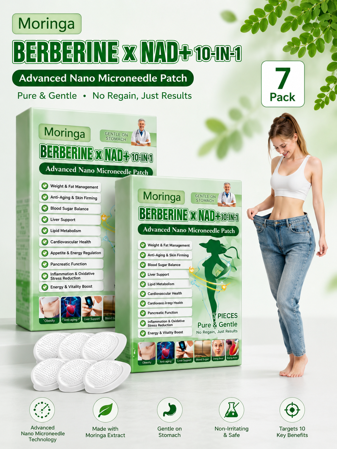 Moringa Berberine x NAD+ 10-in-1 Advanced Nano Microneedle Patch – Natural Weight Management & Metabolism Support