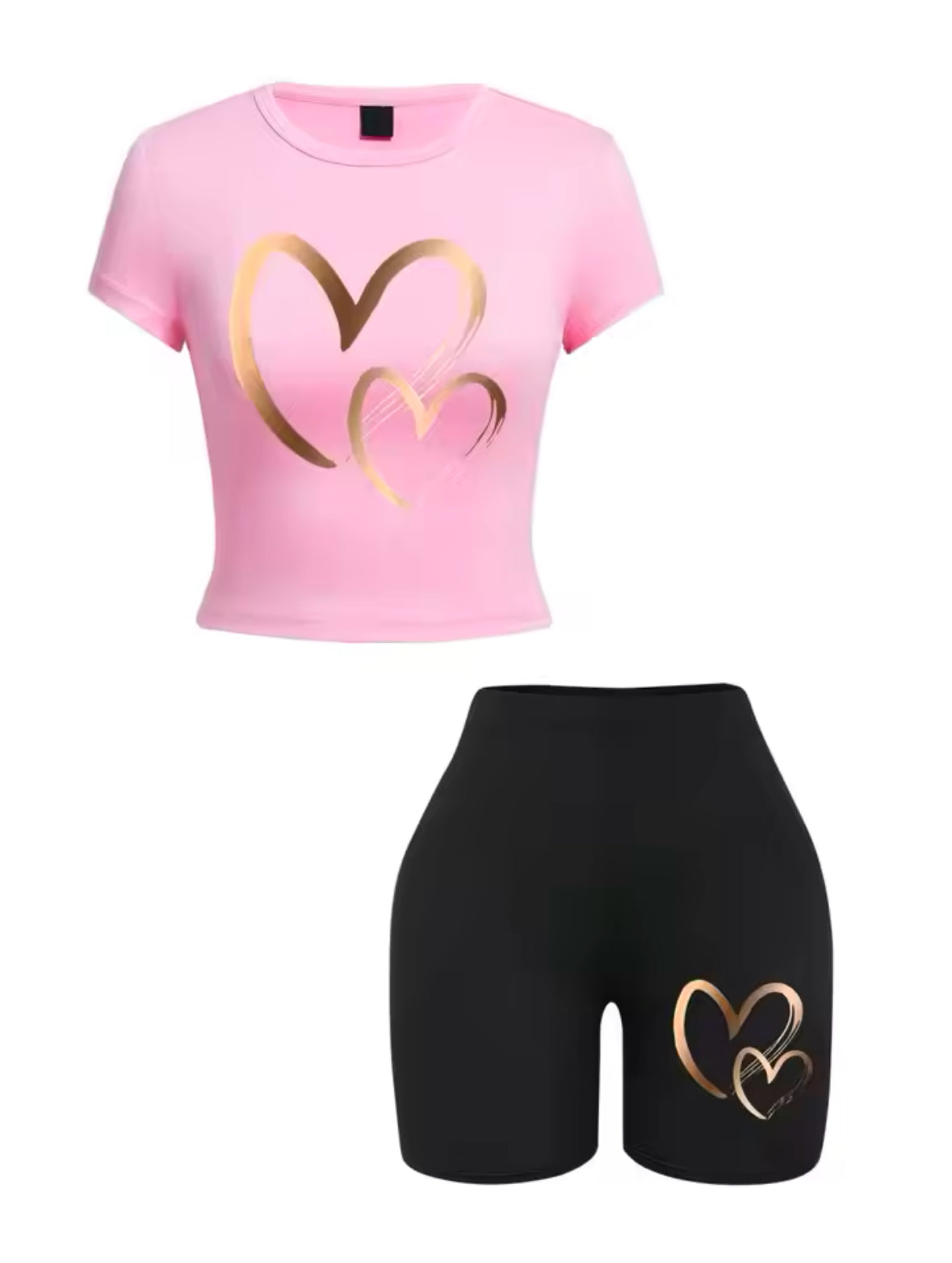 Summer Women’s Slim-Fit T-Shirt & Shorts Set – Stylish Heart Print Crop Top with Soft, Stretchy Fabric for 2025 Casual Comfort