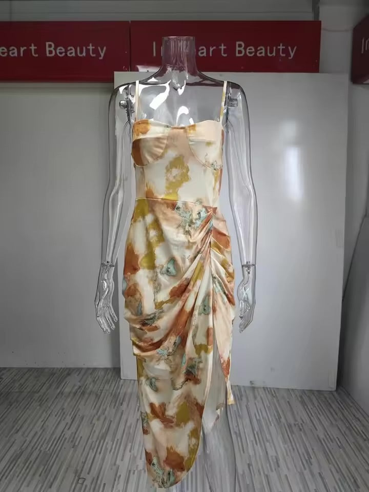 Effortlessly Chic Hauture Asymmetrical Drawstring Print Dress – Perfect for Summer Vibes!