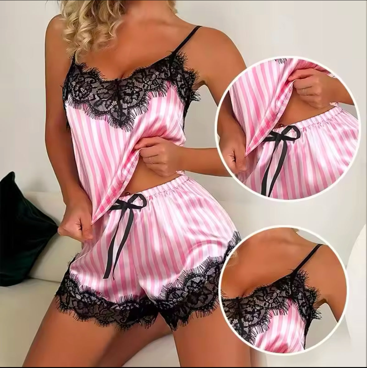 Set of Sexy V-Neck Lace Pajama for Women – Sleeveless & Comfortable Two-Piece Pajama Shorts Set for Relaxation & Sleep