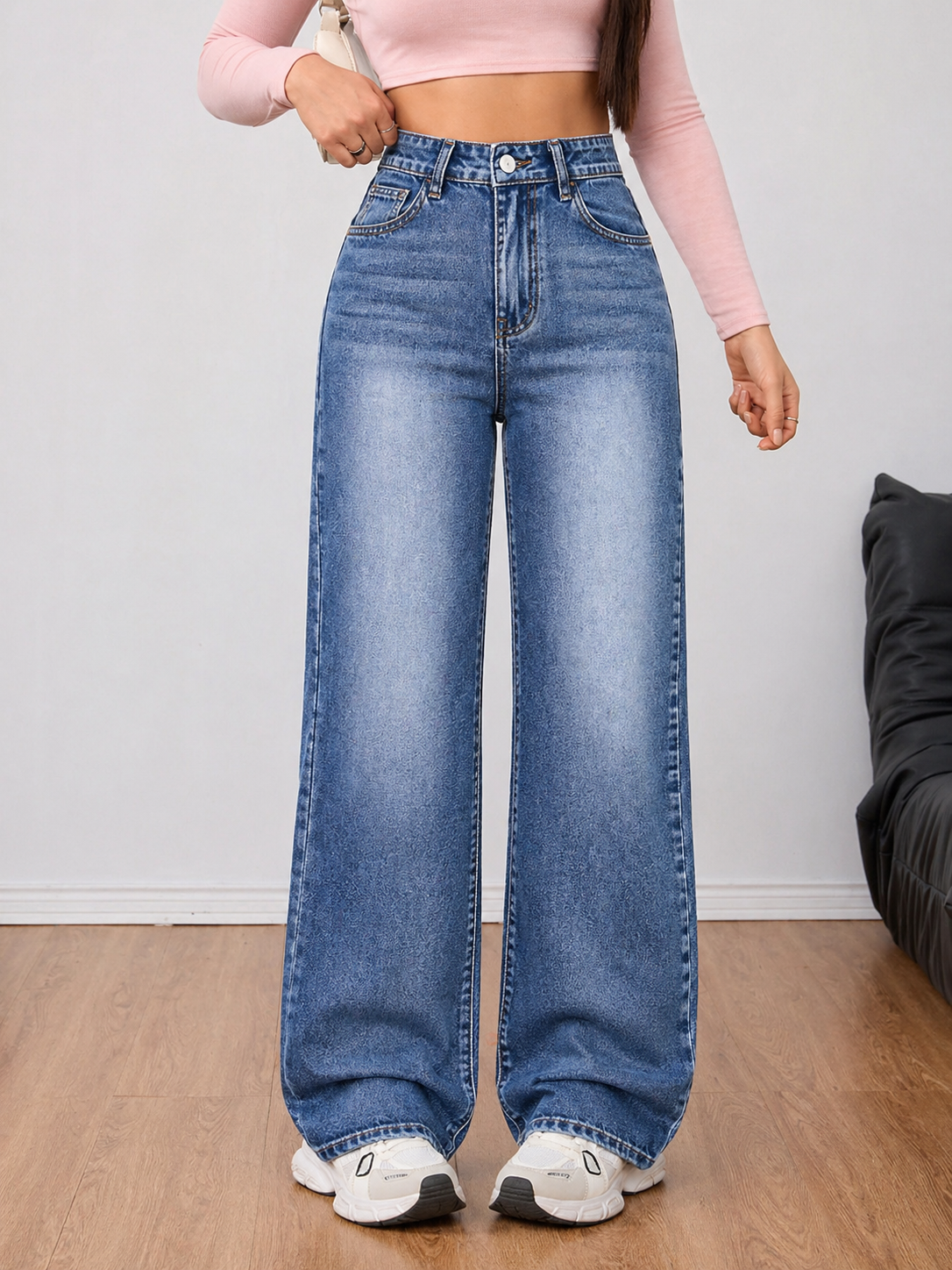 Wide Leg Denim Jeans Thick Cotton Fabric Flattering Silhouette All Season Women
