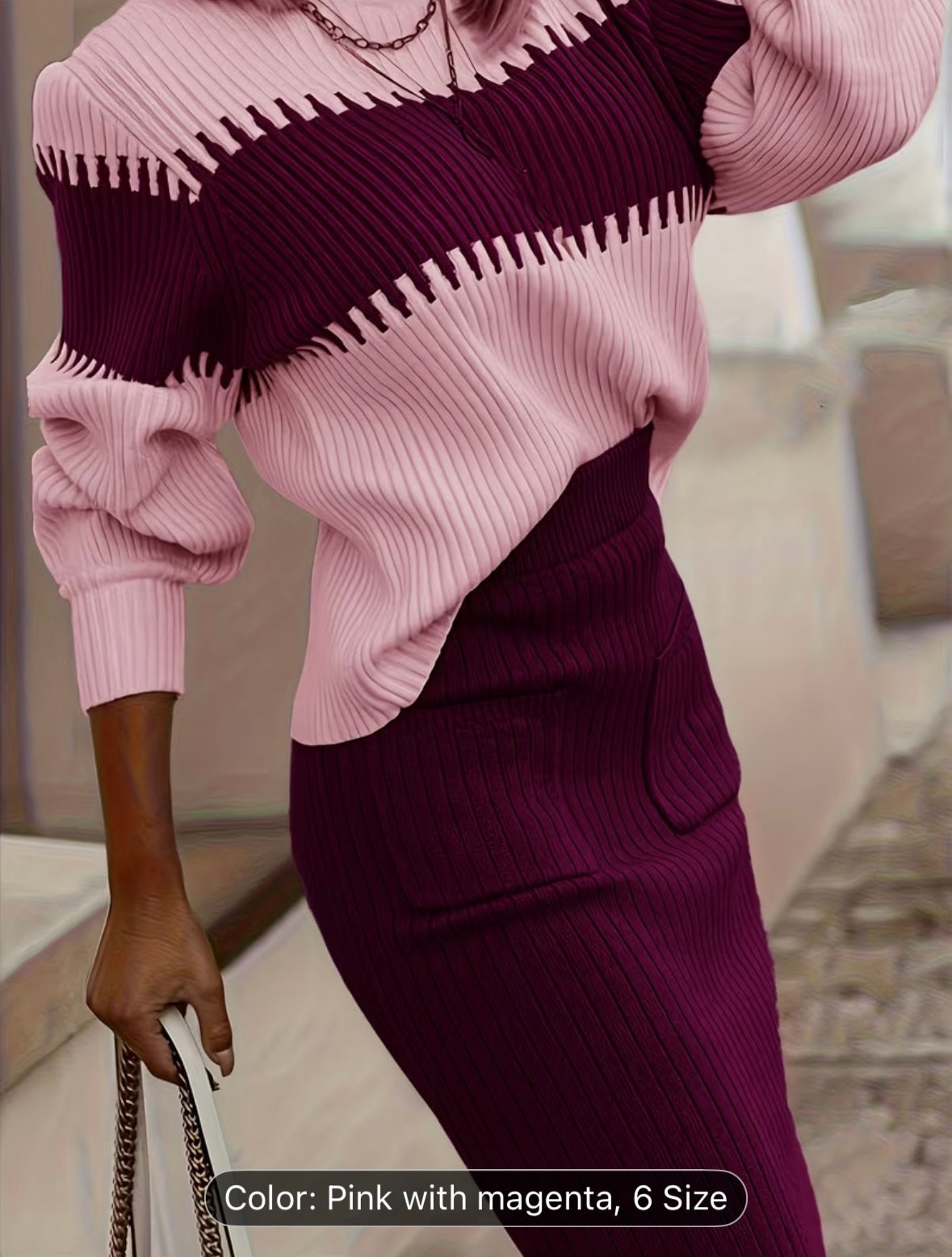 High Neck Pullover Skirt Split Two-Piece Color Block Contrast Thick Long Sleeve Sweater Set – Winter Wardrobe, Elegant Office & Casual Style for Women - UltraChic