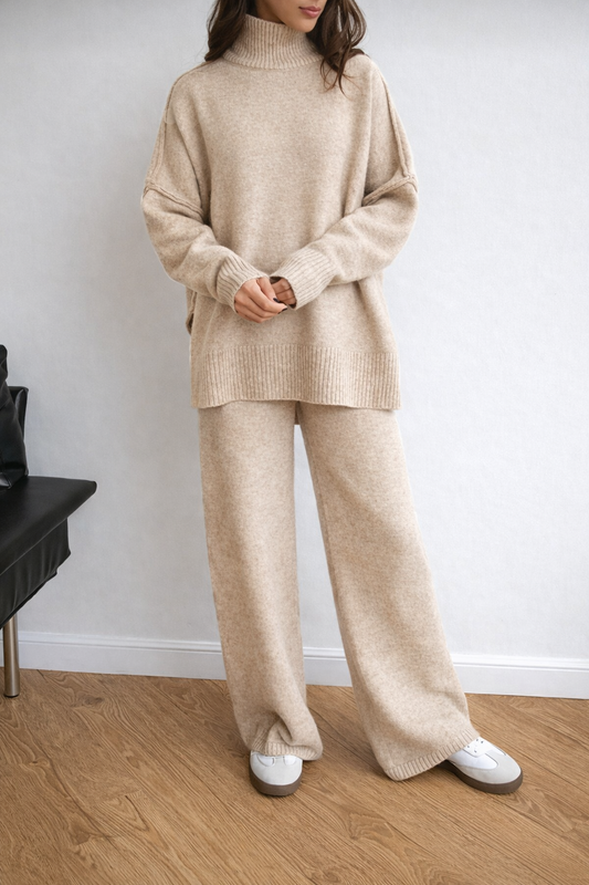 Women’s High Collar Knit Lounge Set – Cozy Autumn Winter Two Piece Outfit - UltraChic