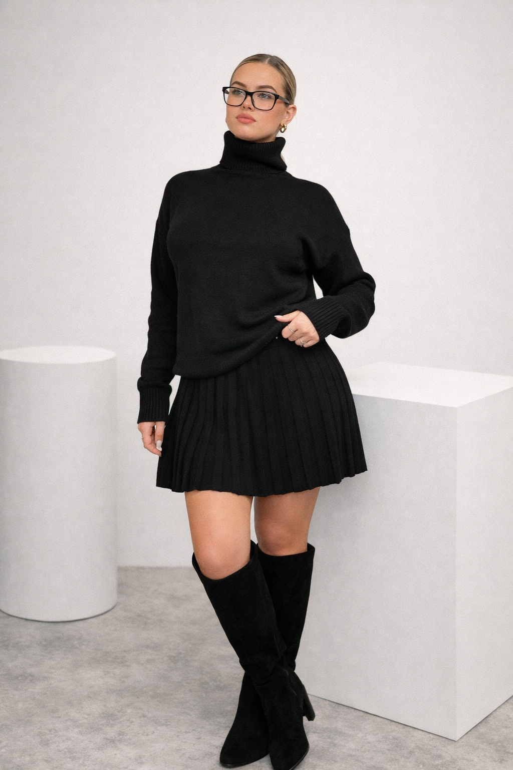Women’s High Neck Knit Sweater & Mini Skirt Set – Winter Chic Outfit