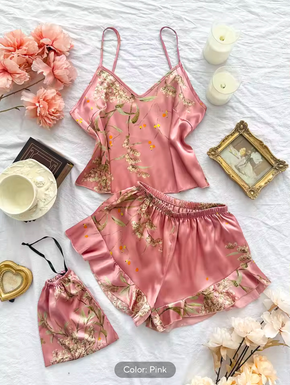 Elegant Floral Cami Pajama Set for Women – Ruffle Hem Shorts & Stylish Sleepwear for Comfortable Loungewear