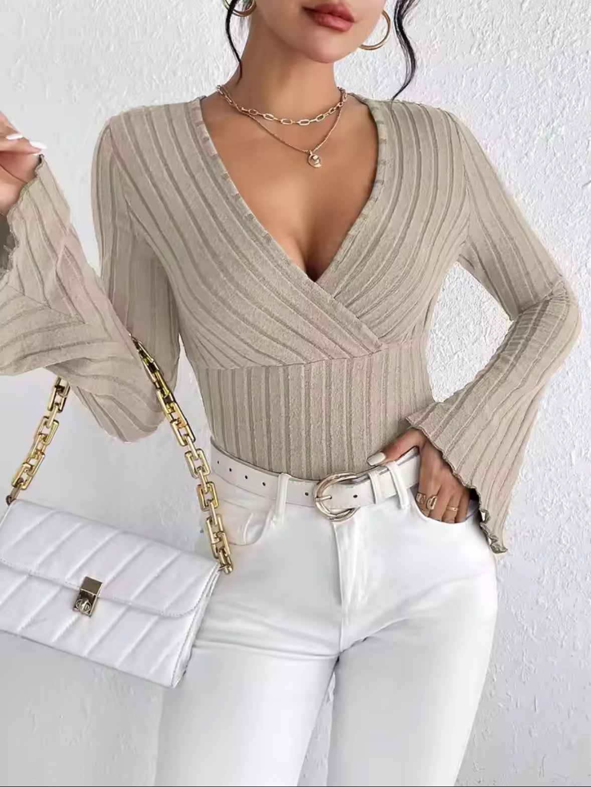 Stylish V-Neck Slim Fit Knit Top for Women – Long-Sleeve Striped Fall & Winter Shirt