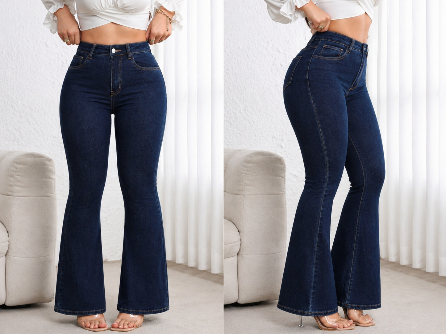 Flare Denim Jeans High Waist Curve Enhancing Slim Fit Legs Elongating Elegant Look All Season Women