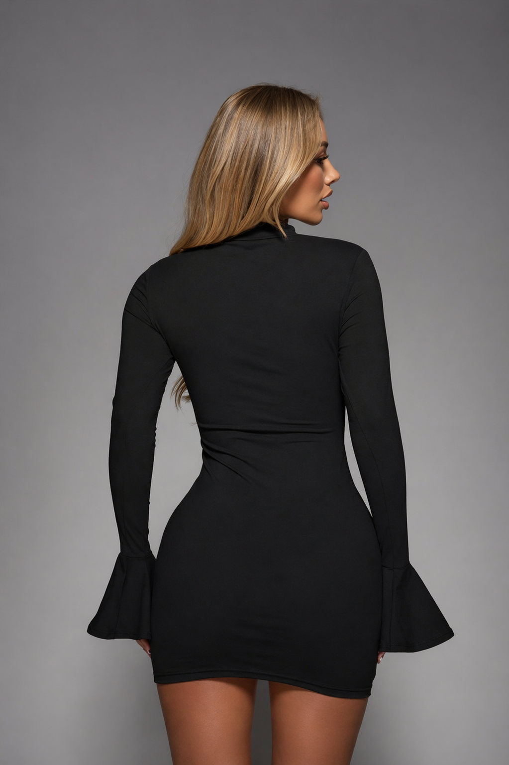 Mini Bodycon Dress with Cut-Out & Bell Sleeves – Sculpted Elegant Silhouette – Fall/Winter – Women - UltraChic