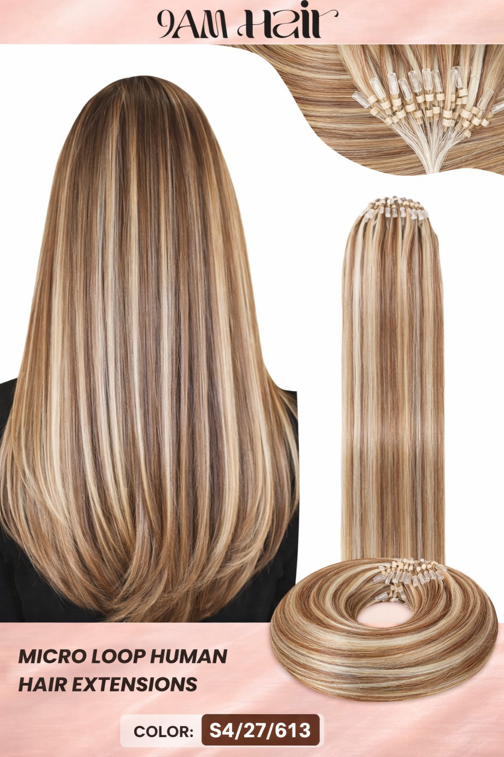 Human Hair Microlink Extensions 50 Strands – Silky Straight Micro Loop Light Brown Hair Extensions for Women
