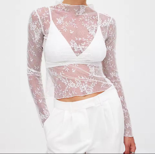 EgriEra Sheer Lace Blouse for Women – Stretch Peony Print for a Bold & Elegant Look