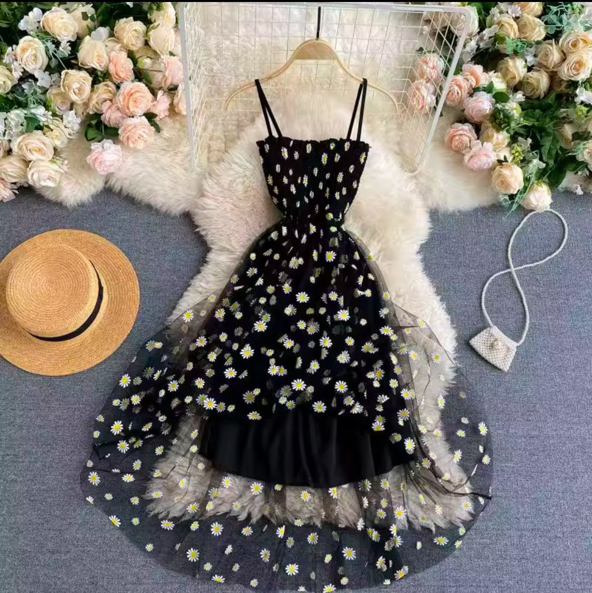 Floral Casual Dresses for Women – Sleeveless Spaghetti Strap Backless Mid-Length Dress, Free Size, Perfect for Summer, Black & Pink Skin Tone