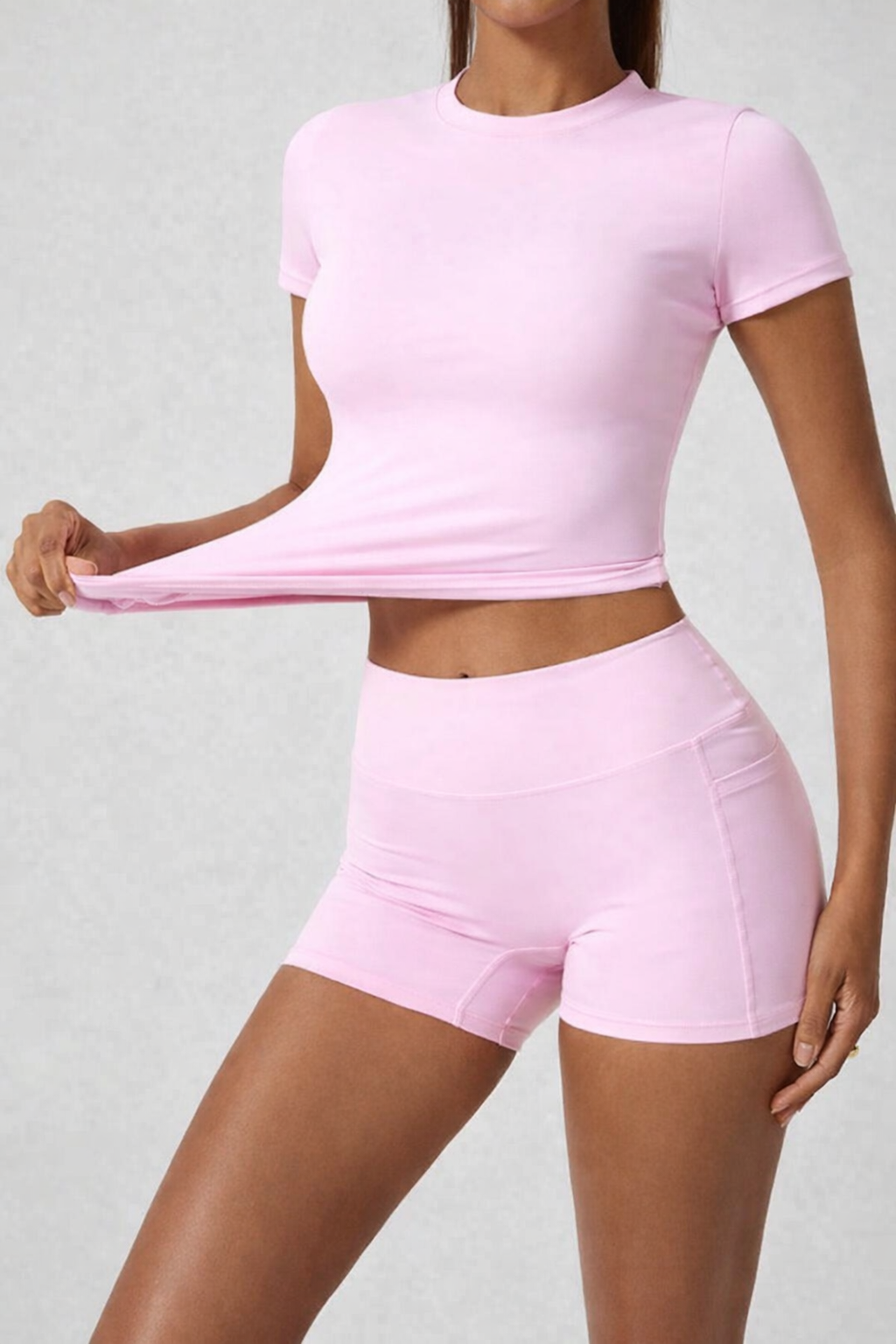 Women’s 2 Piece Butt Lifting Workout Set – Short Sleeve Crop Top & High Waist Shorts Summer Activewear Outfit