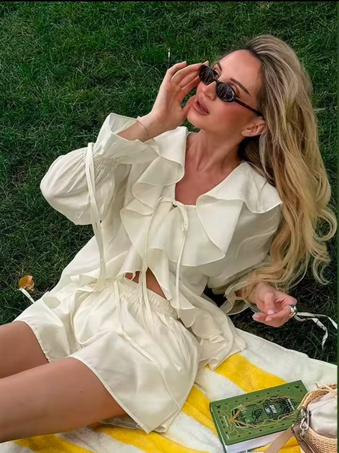 Casual Ruffles Shorts Suit for Women – V Neck See-Through Hollow Out Set with Lace-Up Detail | 2025 Spring Fashion for Ladies