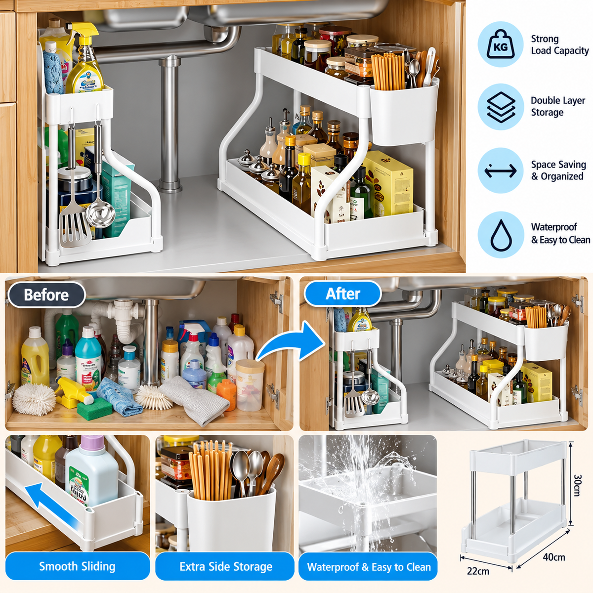 Under Sink Organizer – 2-Tier Pull-Out Storage Rack