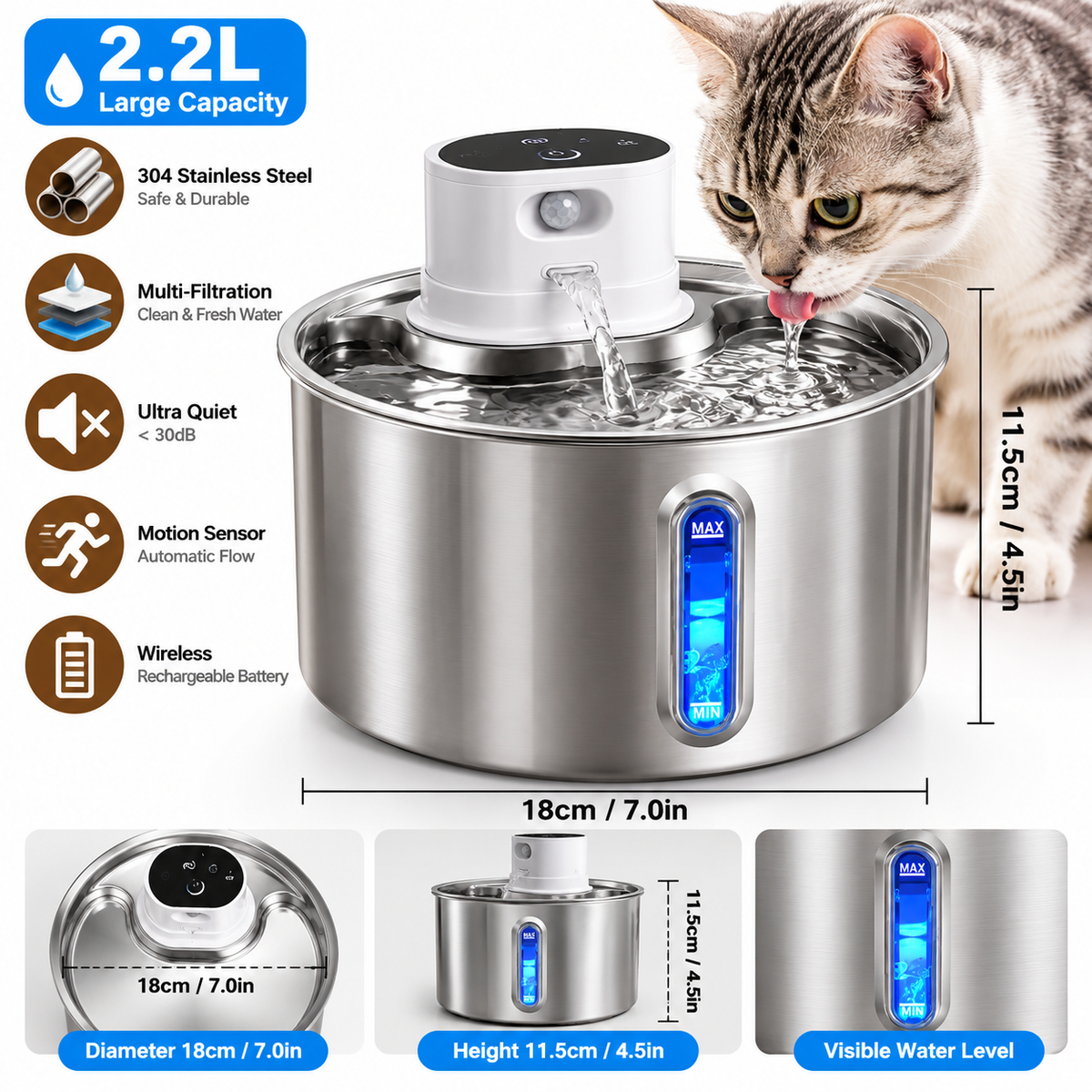2.2L Cordless Cat Water Fountain with Motion Sensor – Automatic Pet Water Dispenser