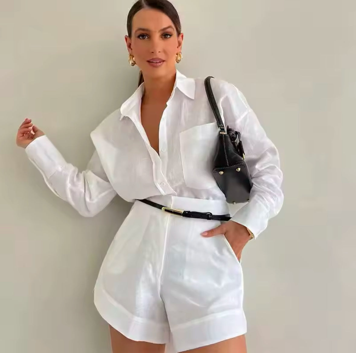 Women’s Summer 2-Piece Set – Long Sleeve Blouse & Shorts | Lightweight Casual Outfit