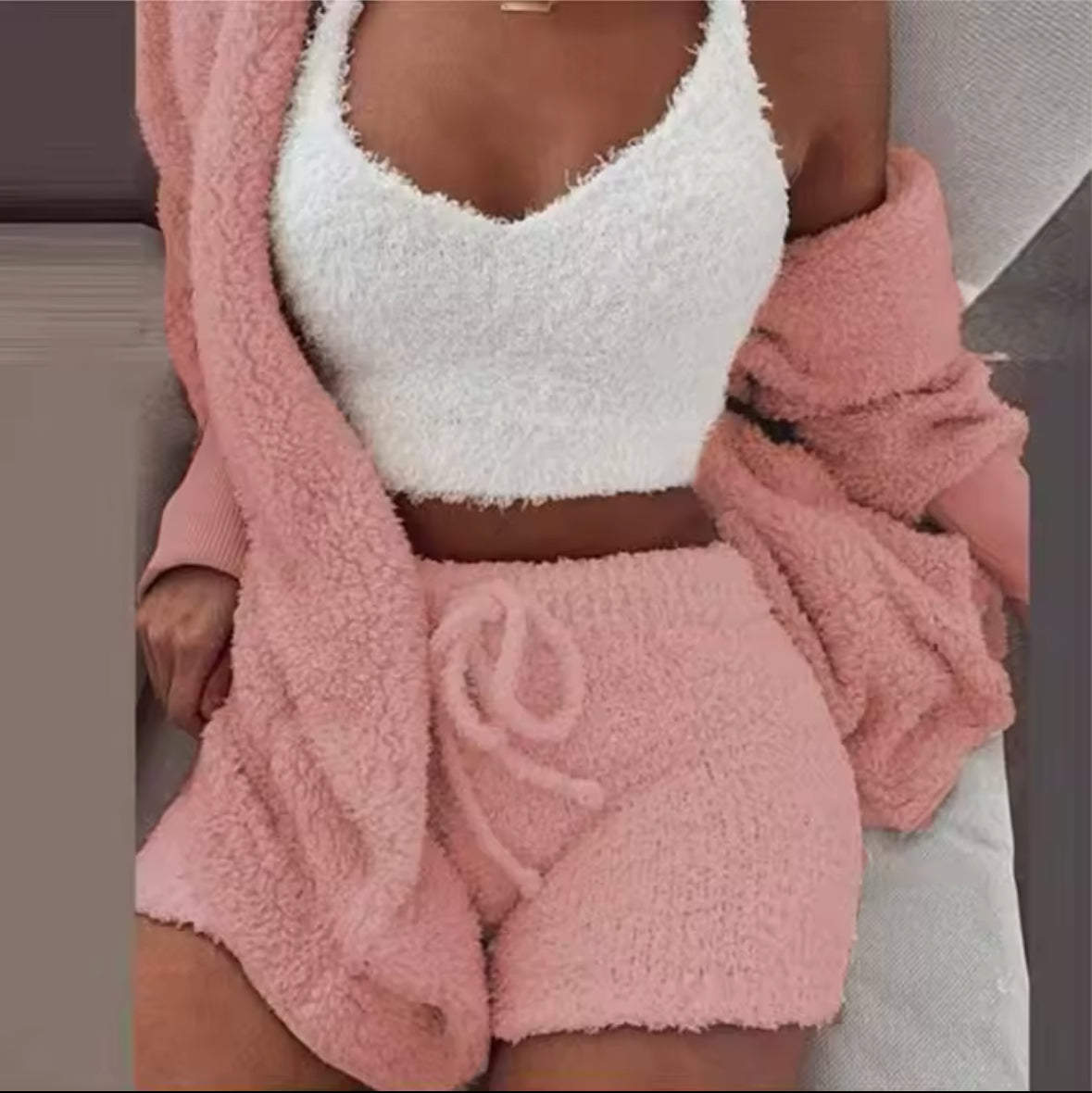 Fluffy 3-Piece Pajama Set for Women – Casual Sleepwear, Tank Top, Shorts, and Cozy Hoodie for Winter, Plus Size Leisure Homsuit