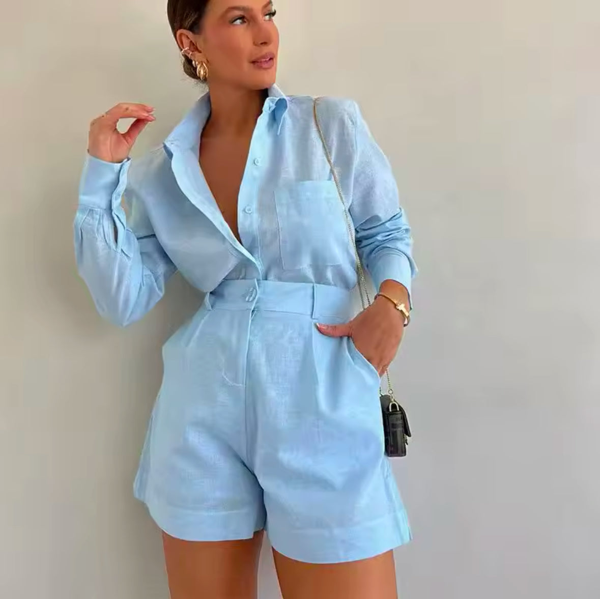 Women’s Summer 2-Piece Set – Long Sleeve Blouse & Shorts | Lightweight Casual Outfit