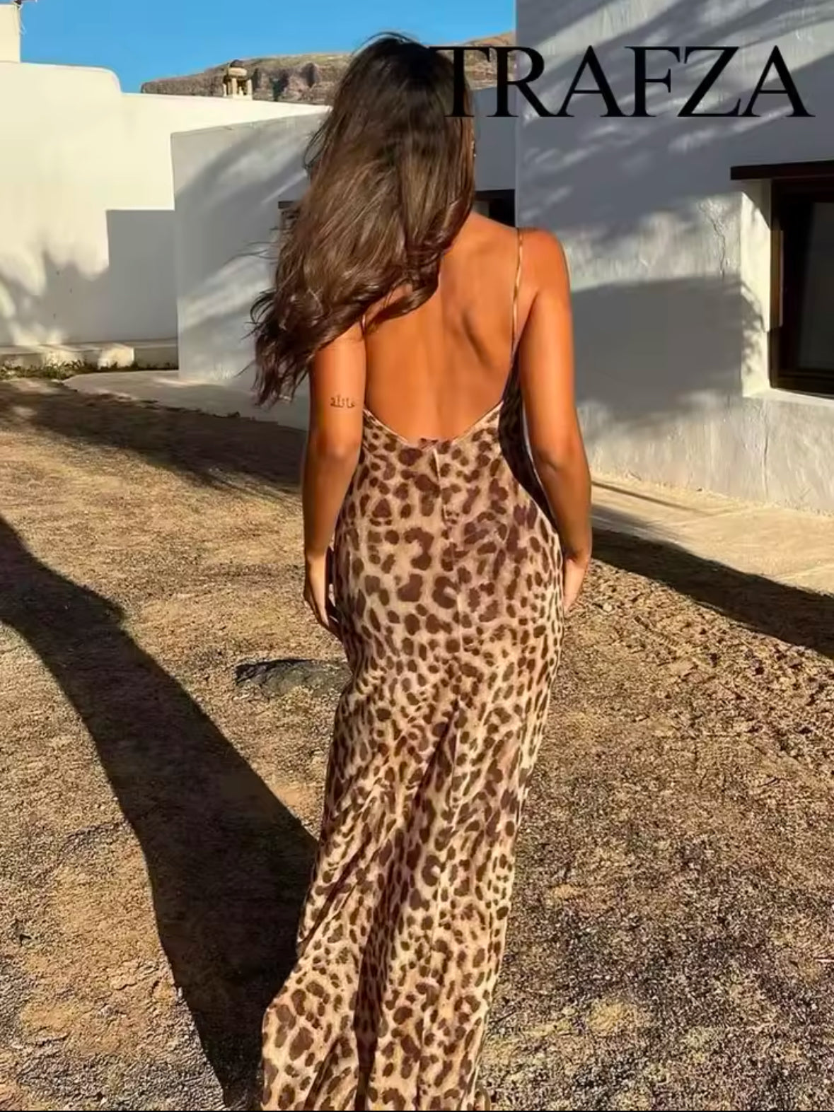 TRAFZA Women’s Leopard Print Sleeveless Backless Dress – Summer Vintage Slim Fit Casual Beach Party Long Dress