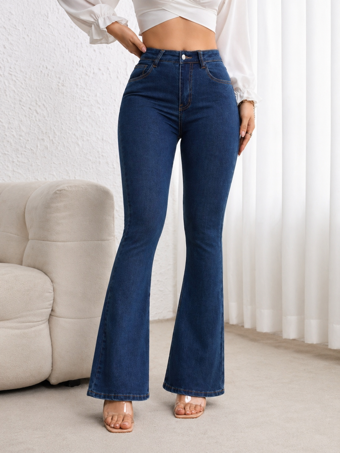 Flare Denim Jeans High Waist Curve Enhancing Slim Fit Legs Elongating Elegant Look All Season Women