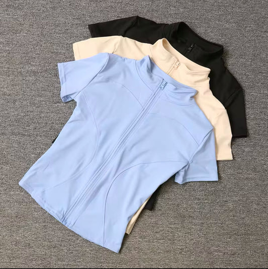 Summer Women’s Slim Fit Yoga Top – Quick-Dry, Zipper Front, High Collar & Short Sleeves