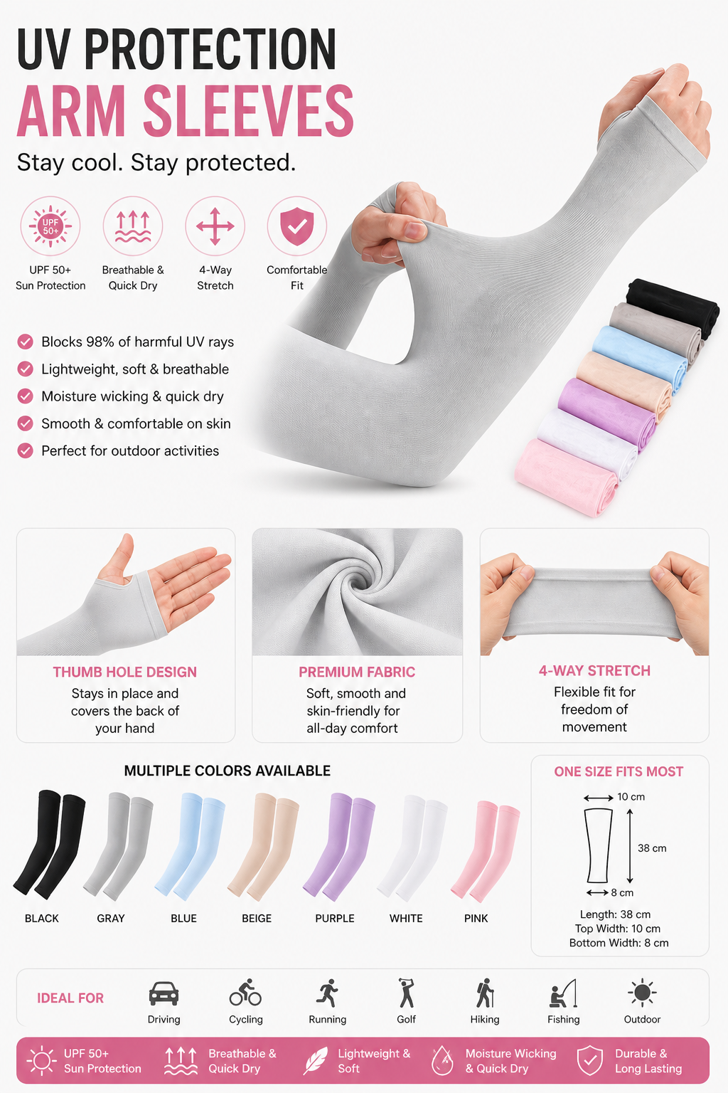 Women’s UV Protection Arm Sleeves UPF 50 Cooling Effect Effortless Stylish Look Summer Activewear - UltraChic