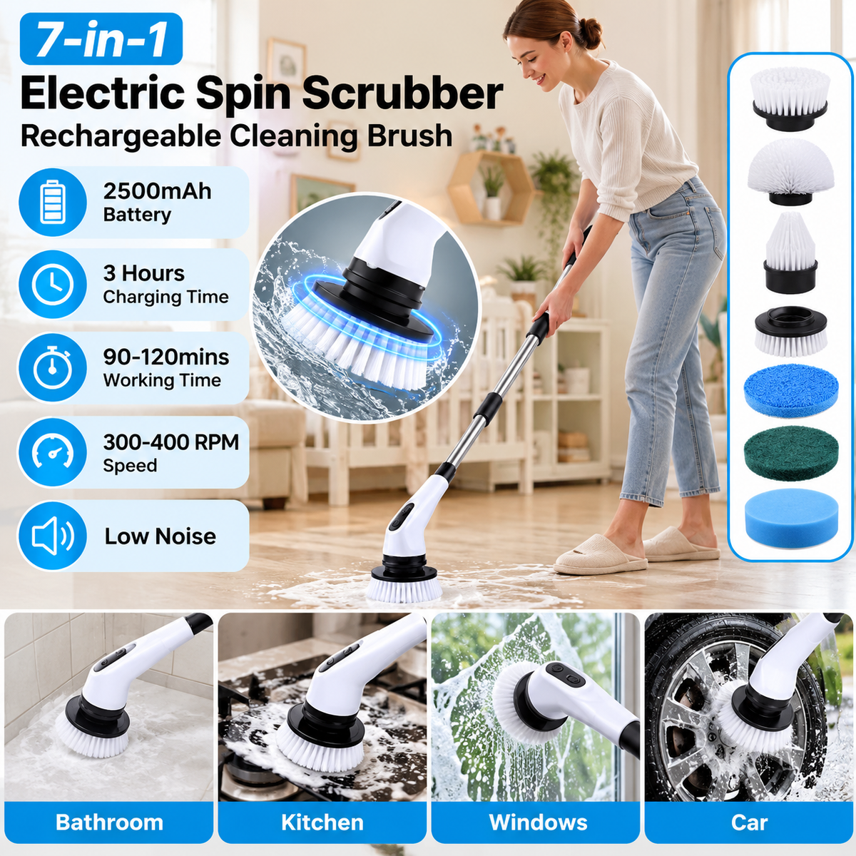 7-in-1 Electric Spin Scrubber – Cordless Cleaning Brush