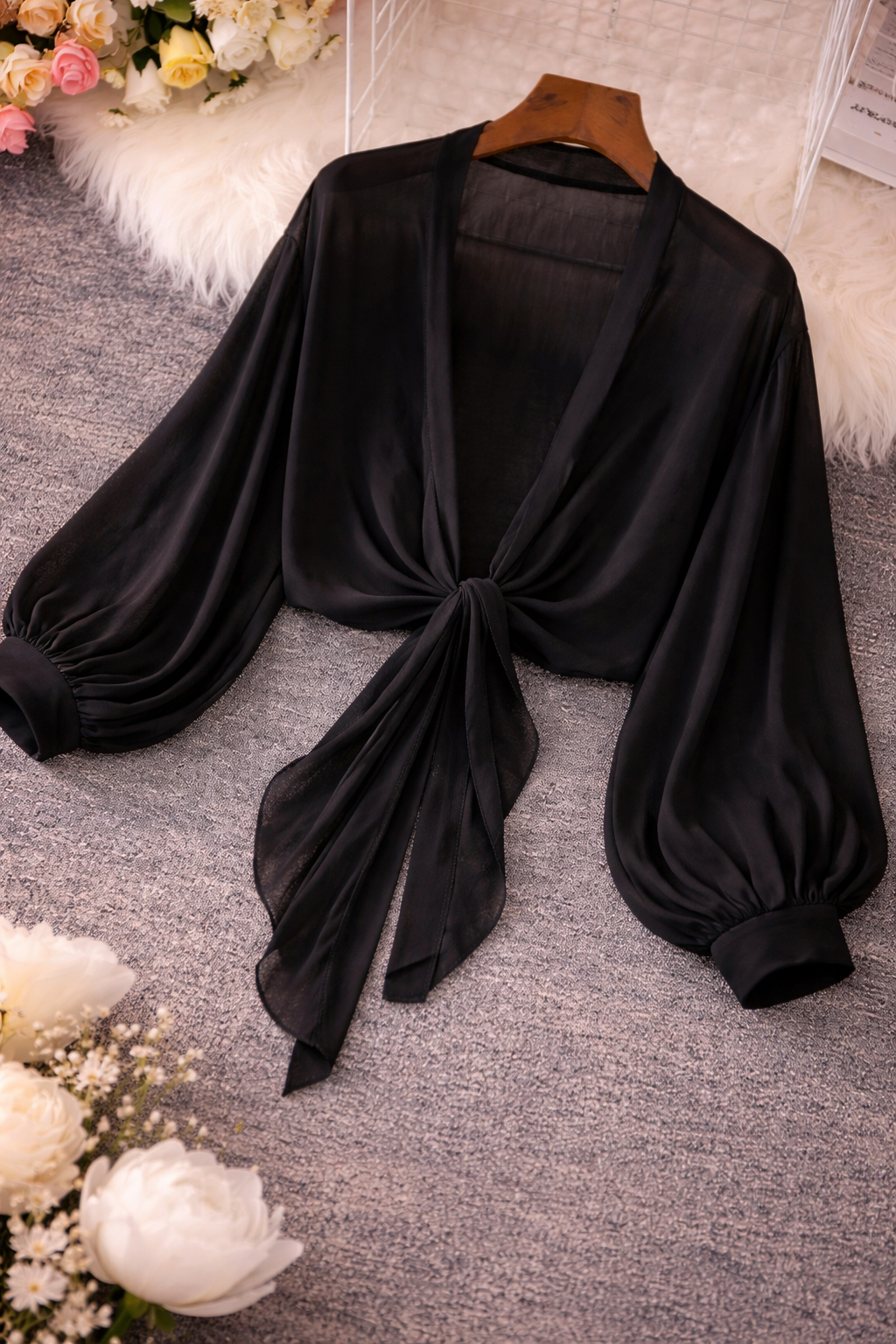 Women’s Lightweight Tie-Waist Kimono Cardigan – Lantern Sleeve Summer Layer - UltraChic