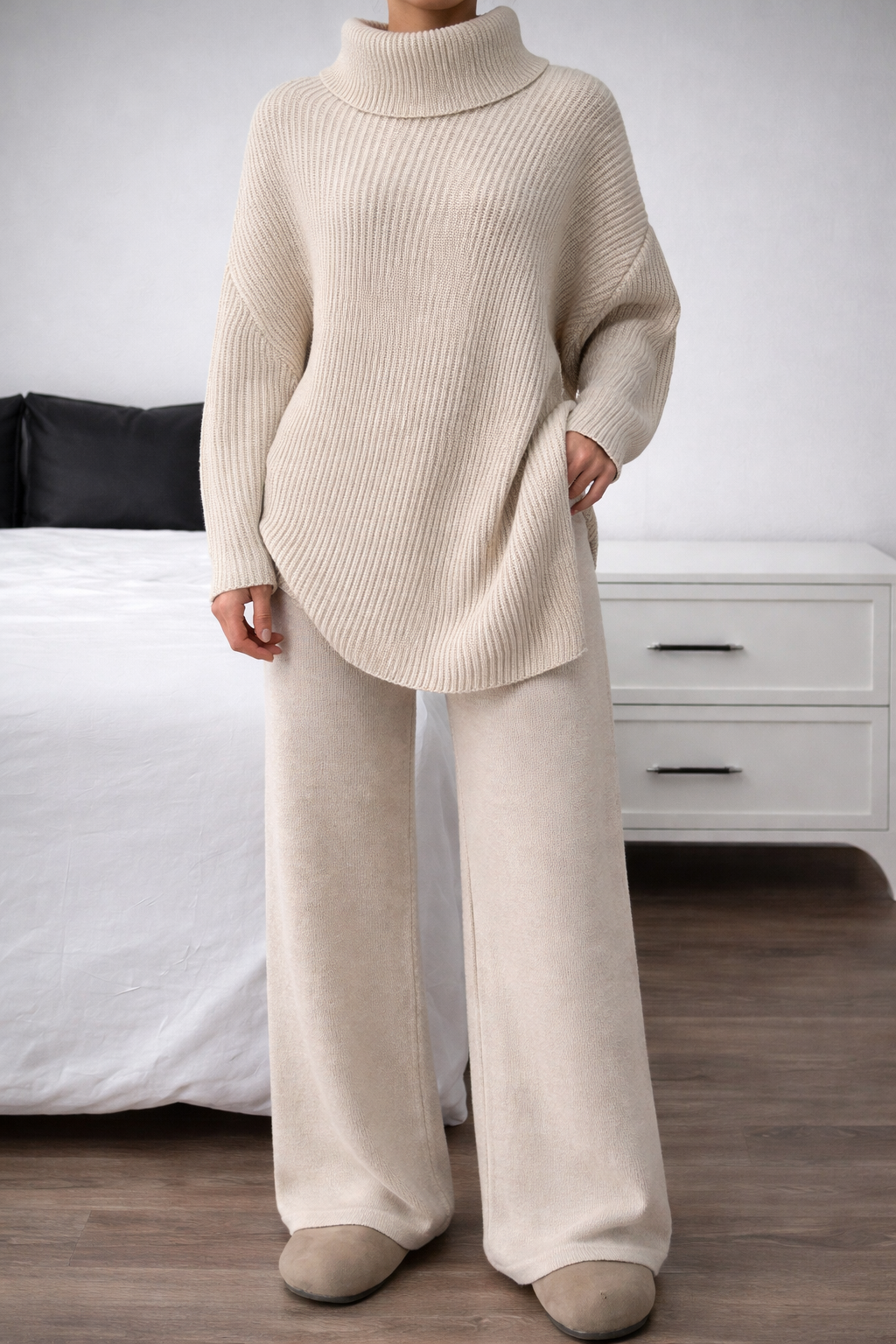 Women’s Turtleneck Oversized Knit Two-Piece Set – Batwing Sweater & Wide Leg Pants Winter Outfit