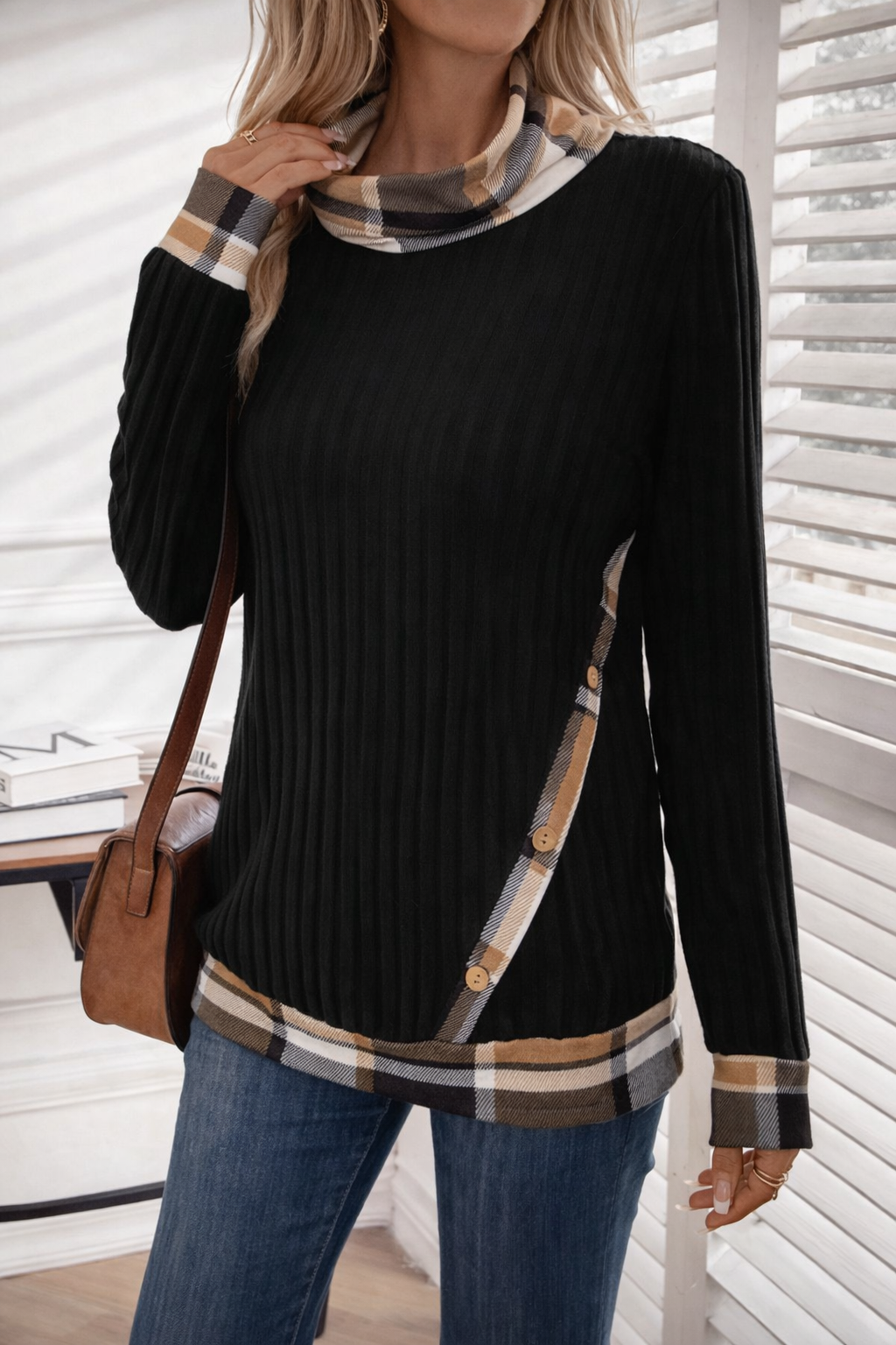 Women’s Plaid Trim Cowl Neck Sweatshirt – Cozy Fall Casual Top - UltraChic
