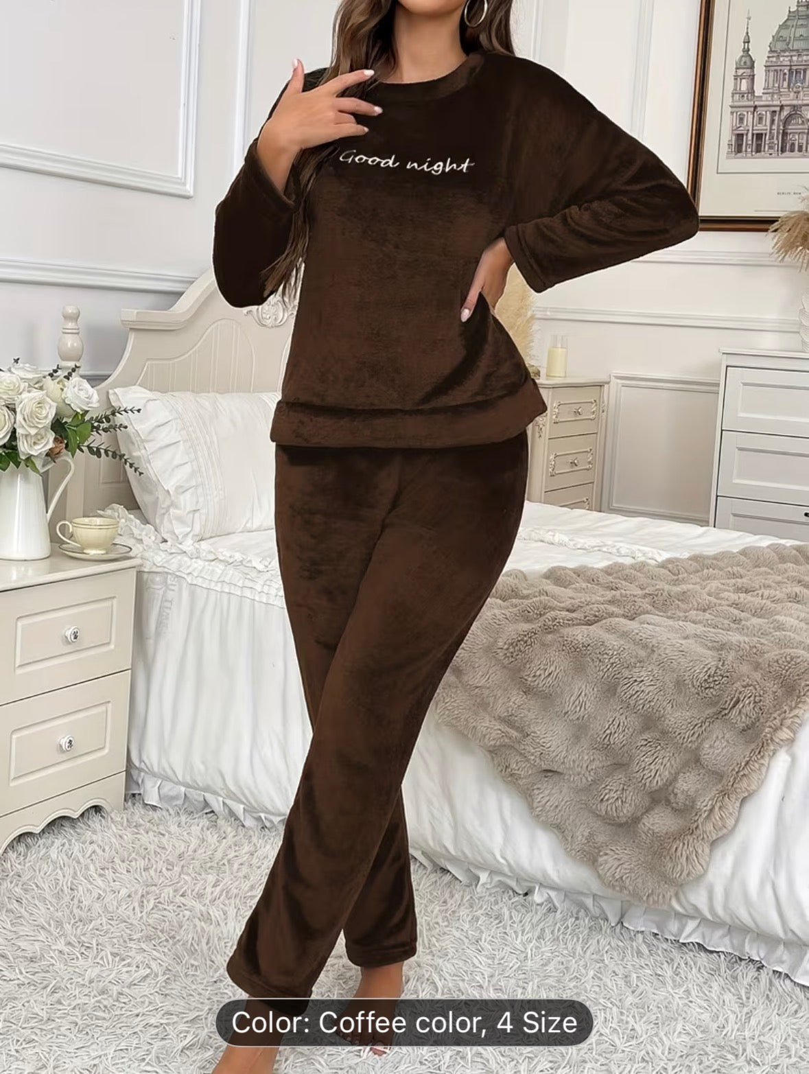 Women’s Autumn/Winter Flannel Coral Fleece Long Sleeve Pajama Set – Comfortable Warm Loungewear with Letter Embroidery, Casual Home Sleepwear Black - UltraChic