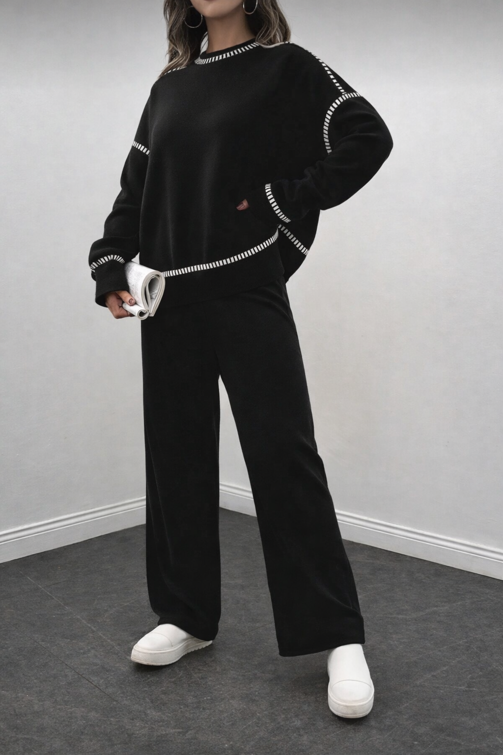 Women’s Contrast Stitch Knit Set – Winter Two-Piece Sweater & Pants Outfit - UltraChic