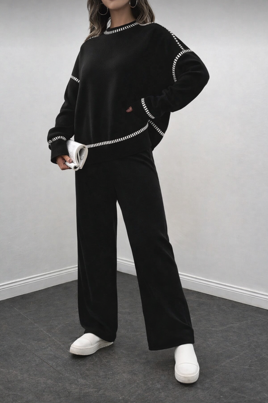 Women’s Contrast Stitch Knit Set – Winter Two-Piece Sweater & Pants Outfit