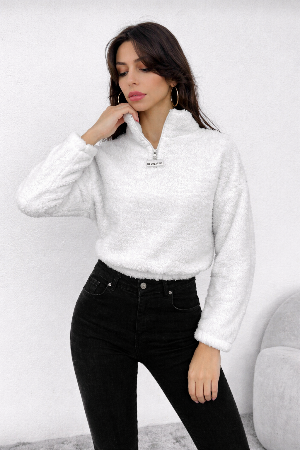 Women’s Half-Zip Teddy Sweatshirt – Cozy Letter Embroidery Winter Essential