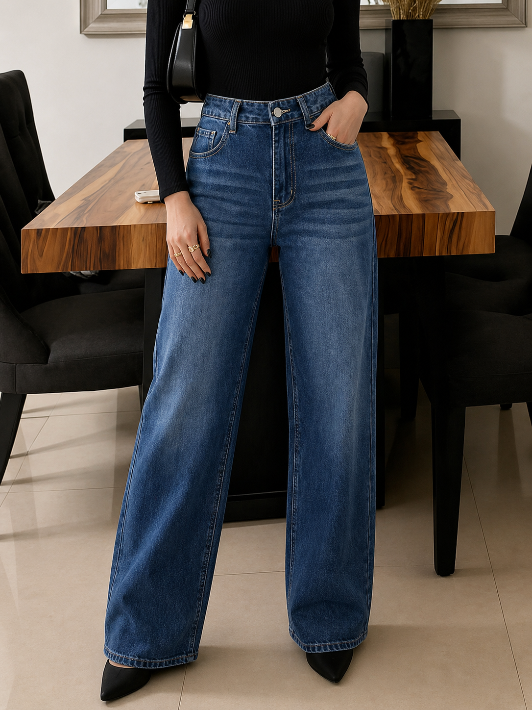 Wide Leg Denim Jeans High Waist Structured Fit Flattering Slim Silhouette All Season Women