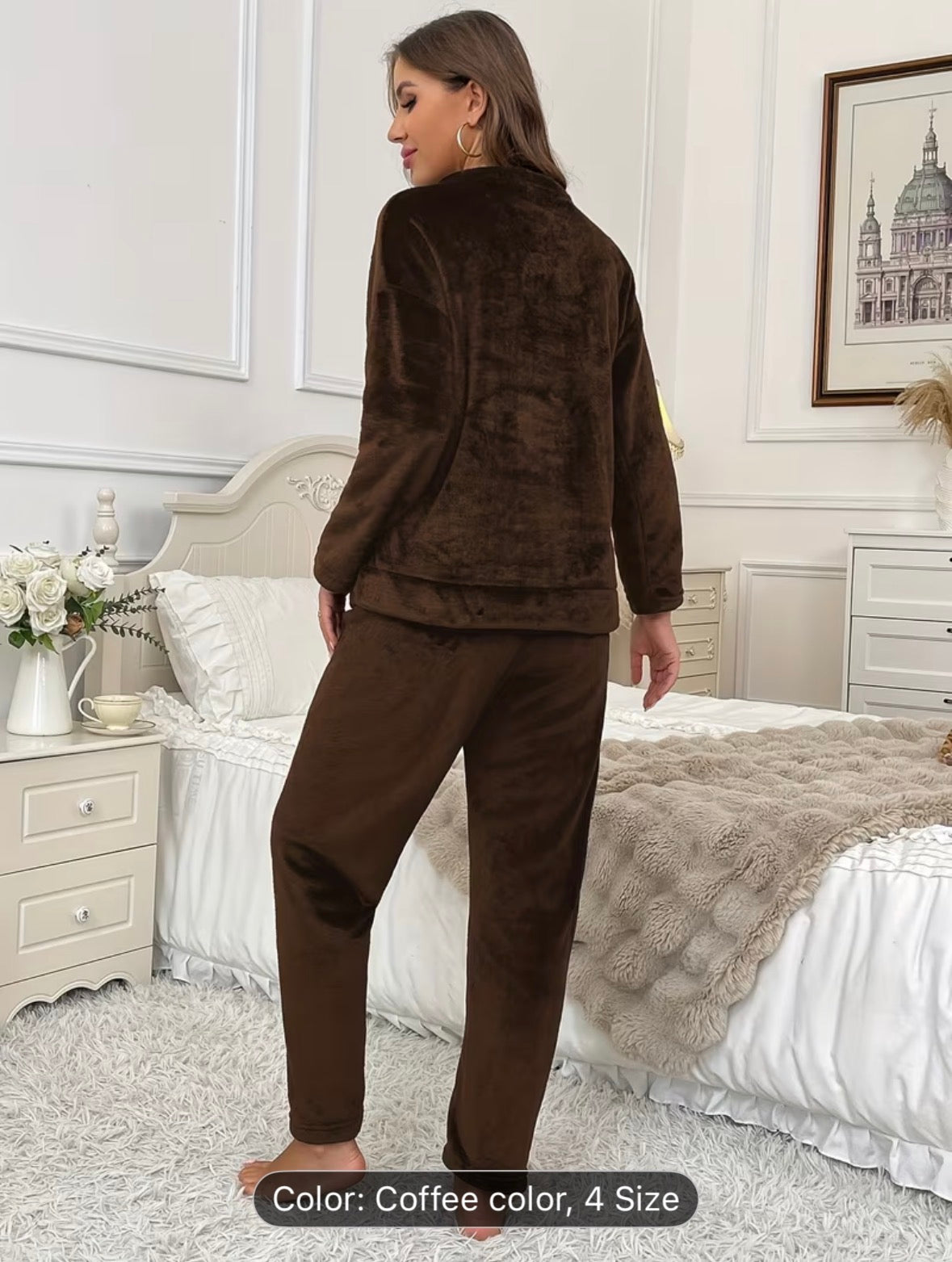 Women’s Autumn/Winter Flannel Coral Fleece Long Sleeve Pajama Set – Comfortable Warm Loungewear with Letter Embroidery, Casual Home Sleepwear Black - UltraChic