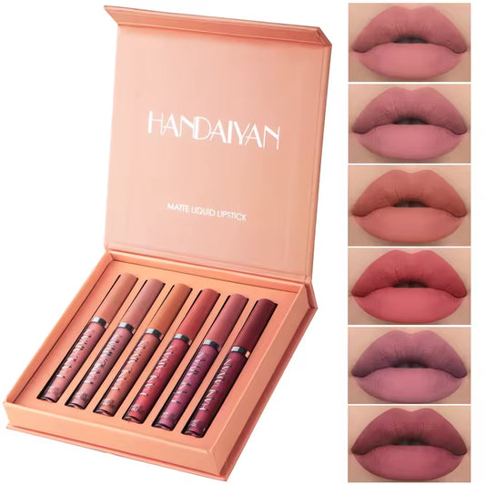 HANDAIYAN 6-Piece Matte Liquid Lipstick Set – Long-Lasting, Non-Stick Cup Lip Gloss Gift Box – Waterproof & Fade-Resistant Colors