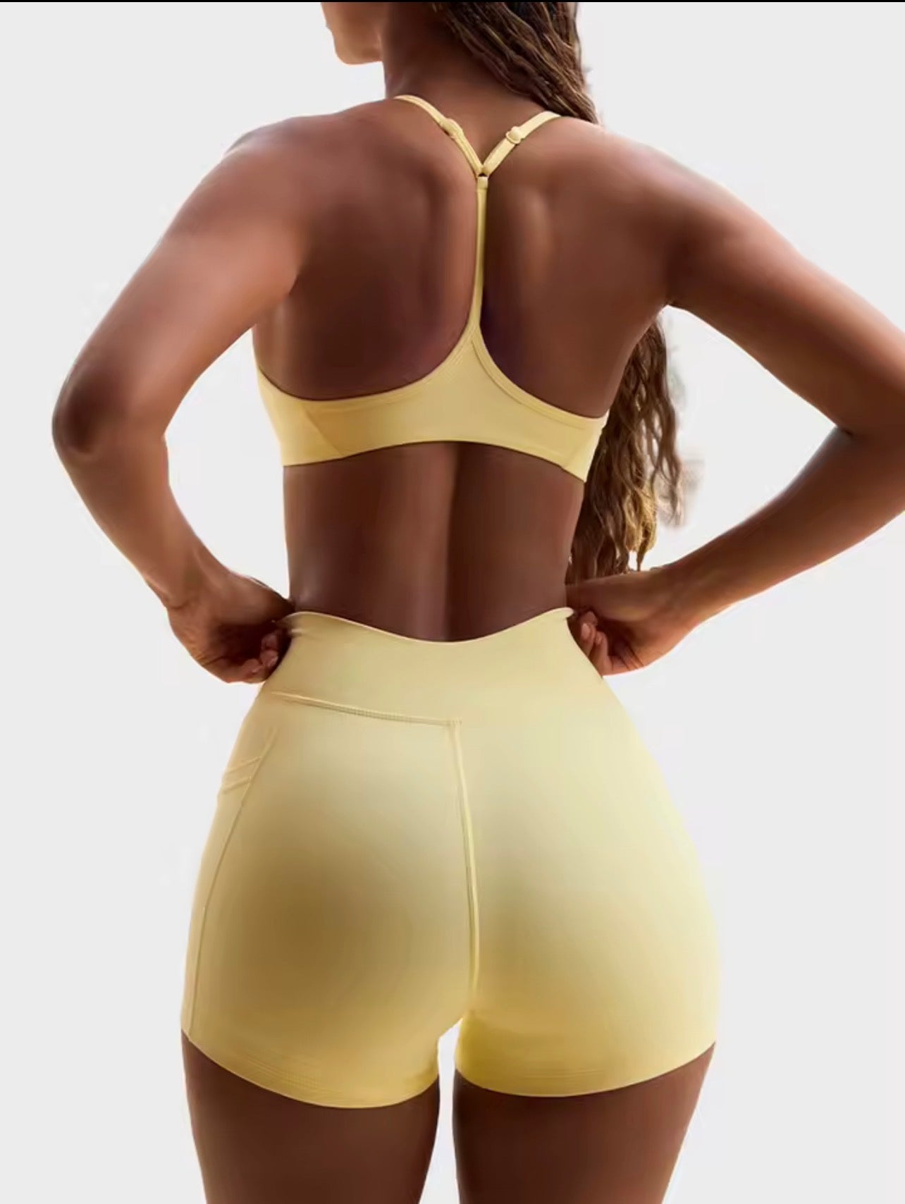Women’s 2 Piece Halter Workout Set – High Elastic Sports Bra & Cross Waist Shorts Summer Gym Activewear