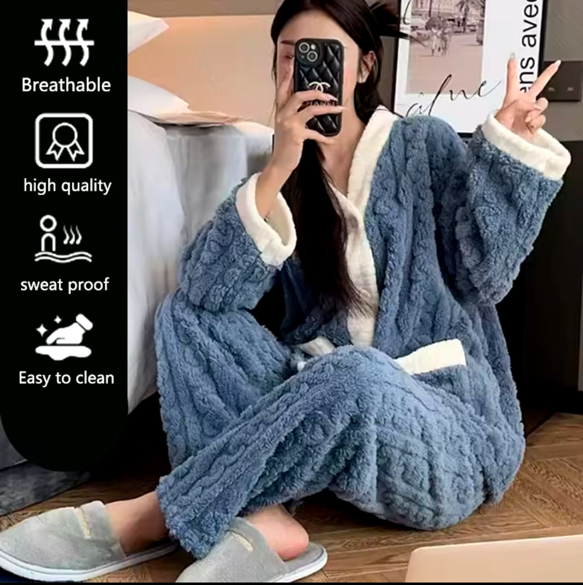 Warm & Cozy 2-Piece Pajama Set for Women – Thickened Coral Velvet Cardigan & Trousers for Autumn & Winter Comfort