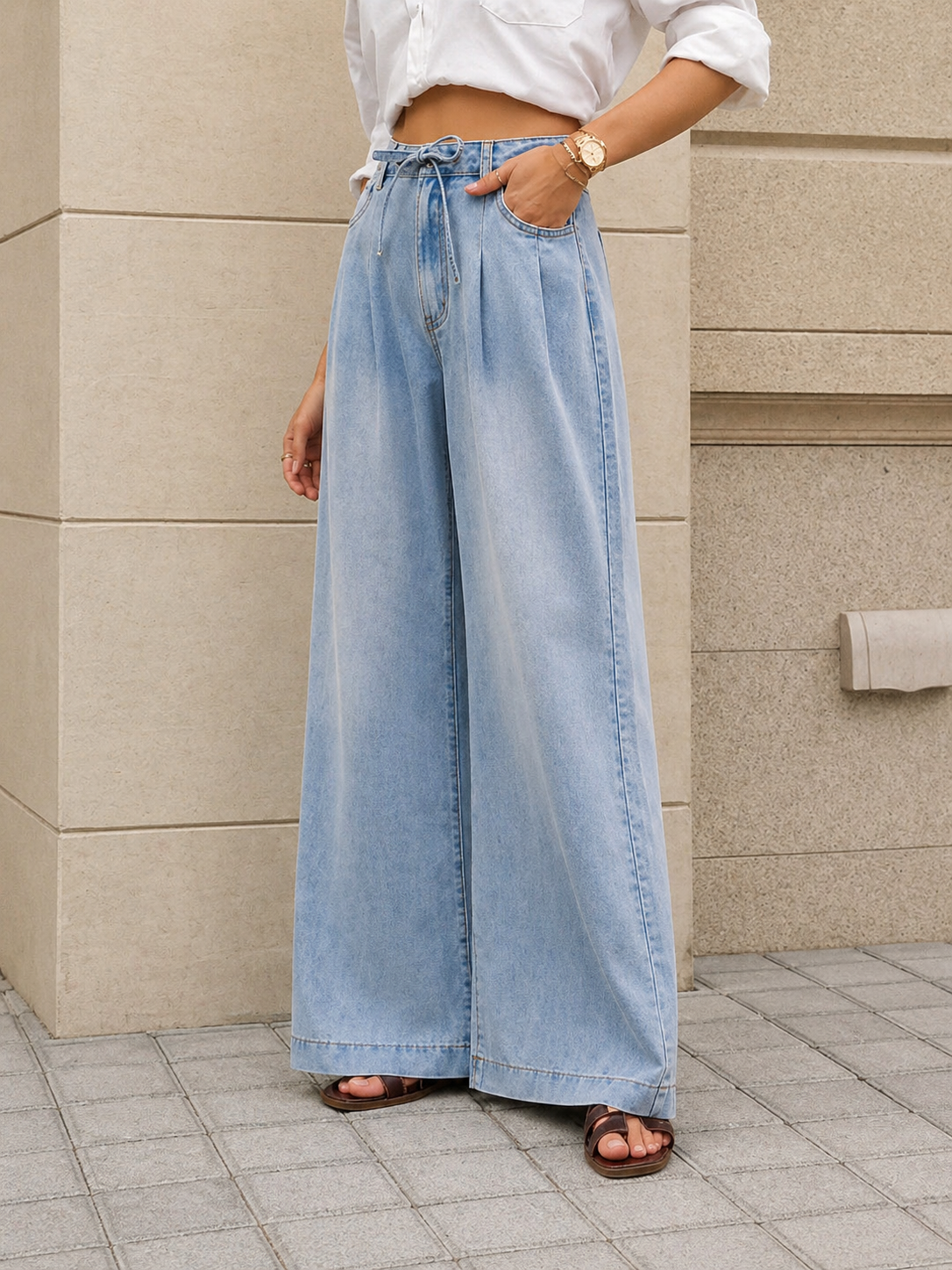 Wide Leg Denim Pants High Waist Pleated Design Effortless Chic Look Summer Women