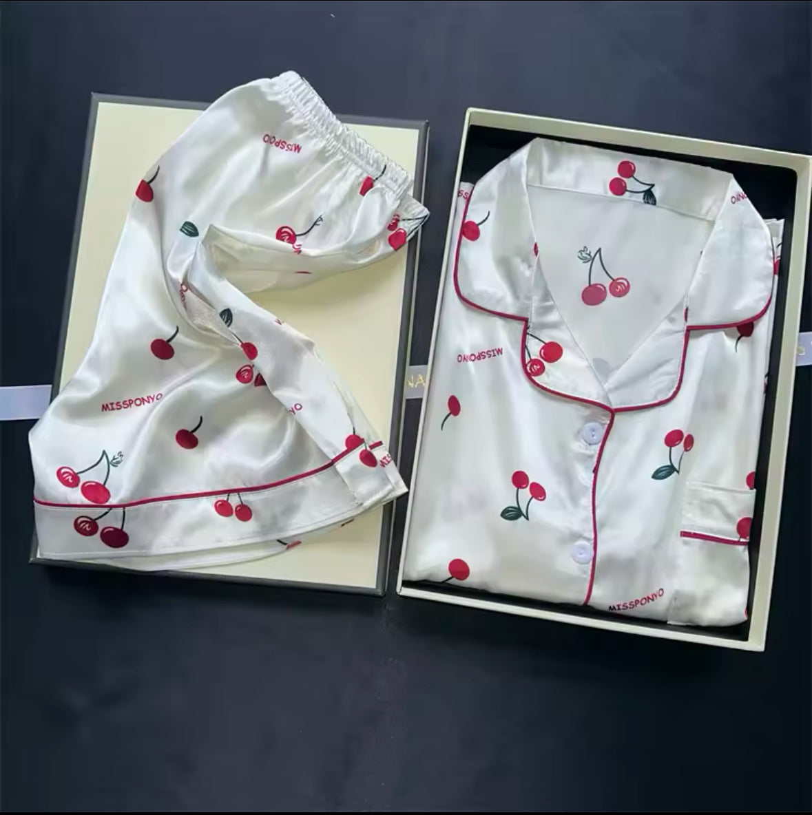 Cherry Print Summer Pajama Set for Women – 2-Piece Faux Satin Sleepwear with Casual Shorts & Top for Stylish Home Comfort