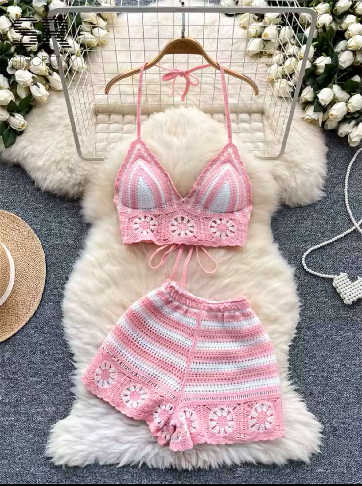 SINGREINY Women’s Beach Vacation 2-Piece Set – Halter Lace-Up Camisole & Elastic Waist Shorts | Trendy Hollow Hook Floral Design