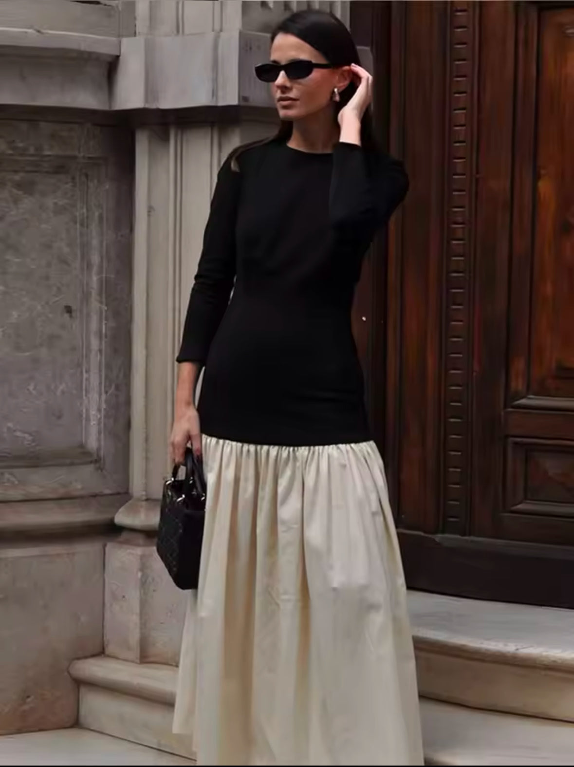 Fashionable Contrast Splicing Pleated Long Dress for Women – Casual Round Neck Loose Cropped Spring Dress 2025 High Street Style