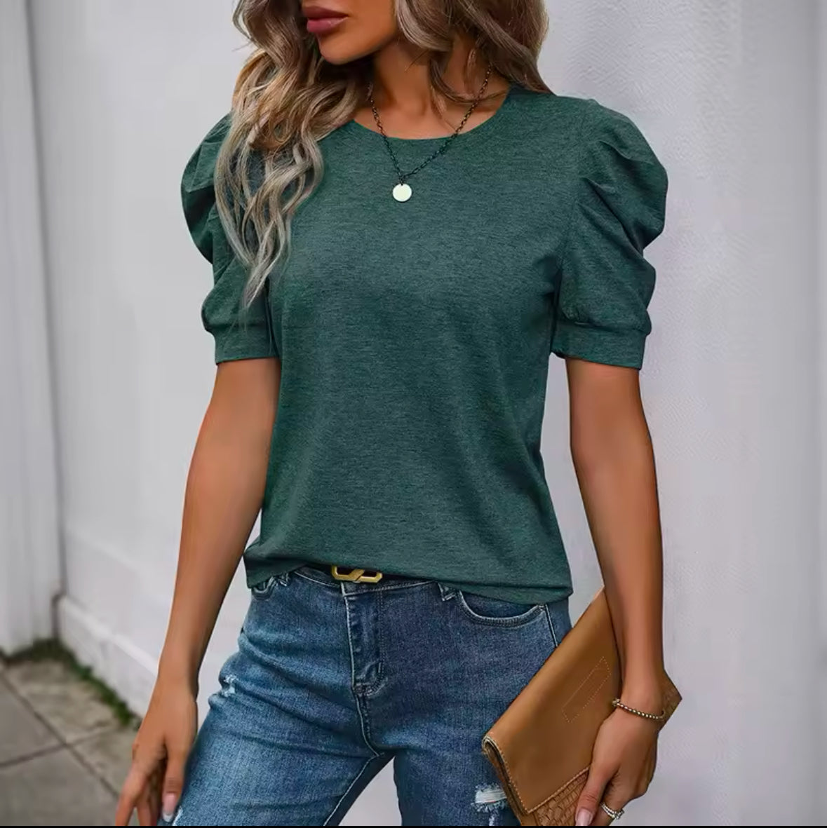 INAWLY Women’s Solid Color Crew Neck Gigot Sleeve T-Shirt – Elegant & Stylish Casual Top