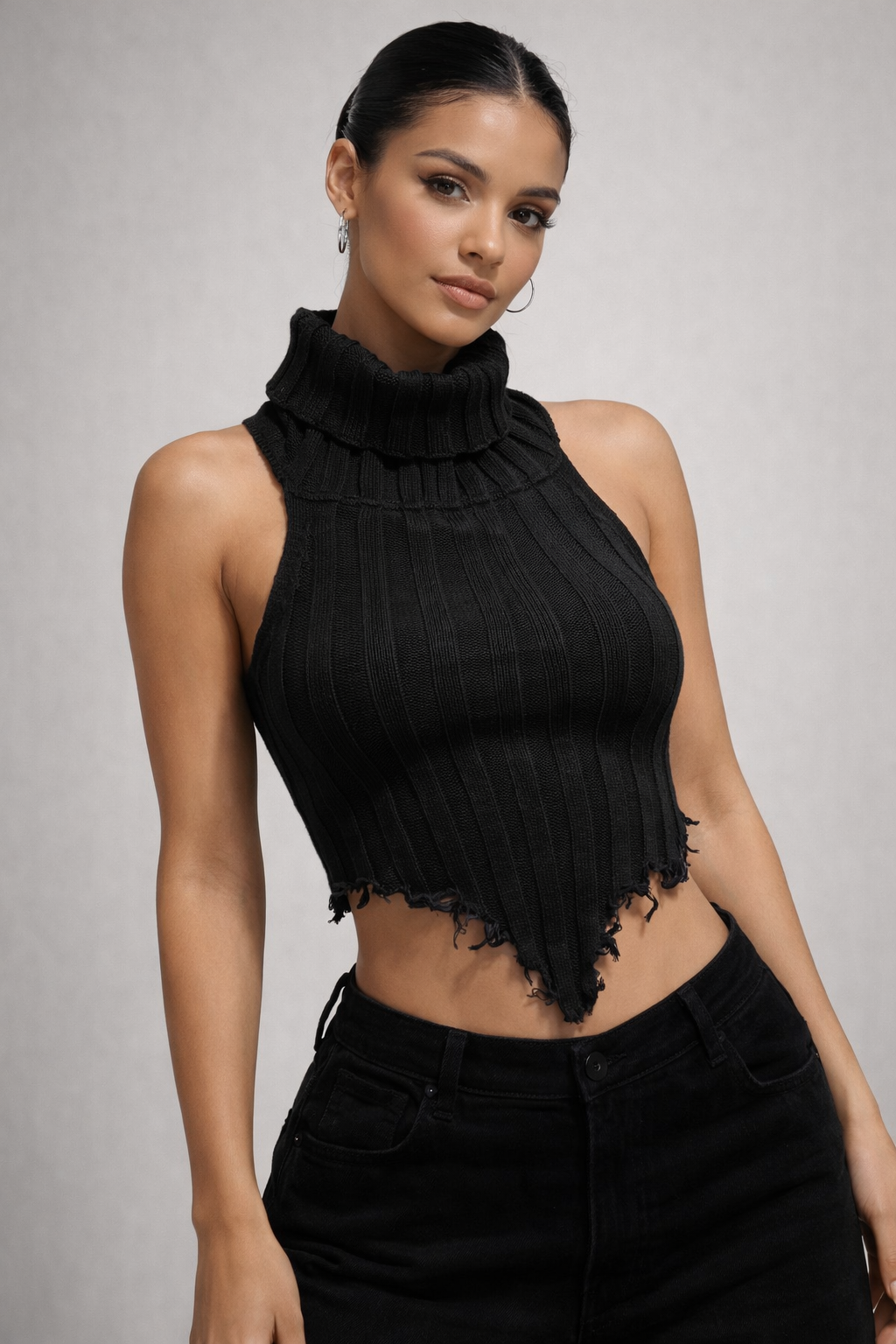 Women’s Y2K White Backless Knit Crop Top – Turtleneck Hanky Hem Party Top - UltraChic